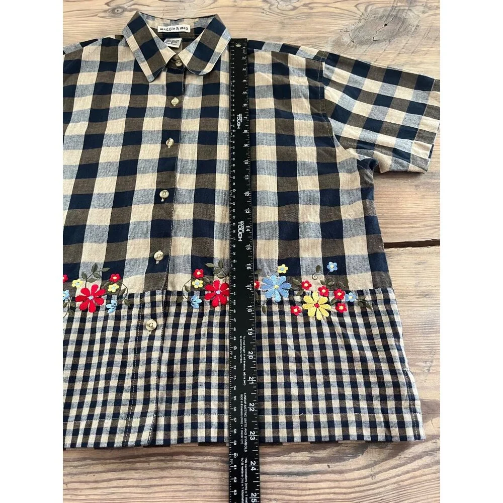 VTG 90s Maggie & Max Button Up Shirt Womens S  Navy Buffalo Plaid Embroidered - Picture 6 of 7